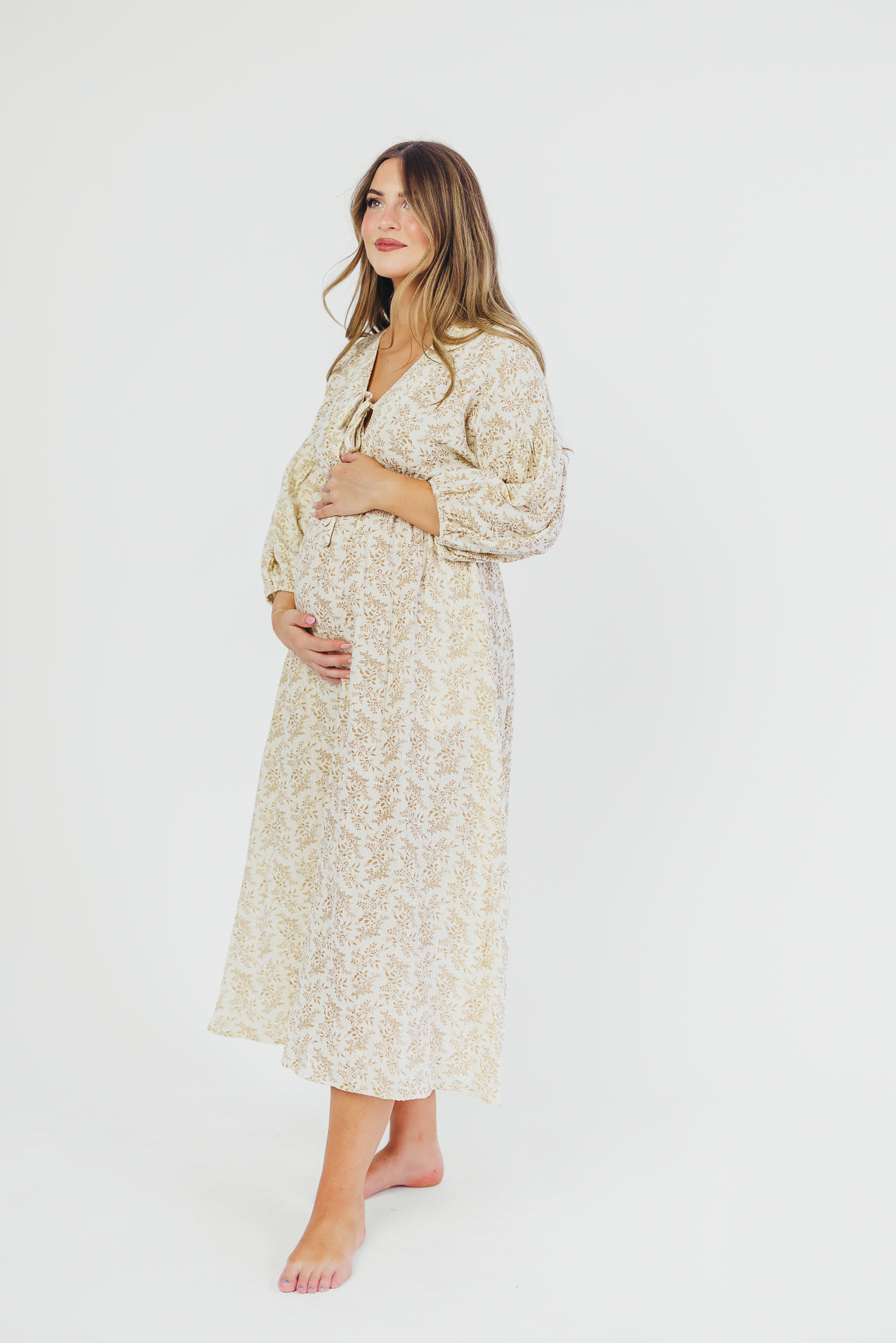 Hunter 100% Cotton Gauze Midi Dress in Natural/Tan Floral - Bump Friendly