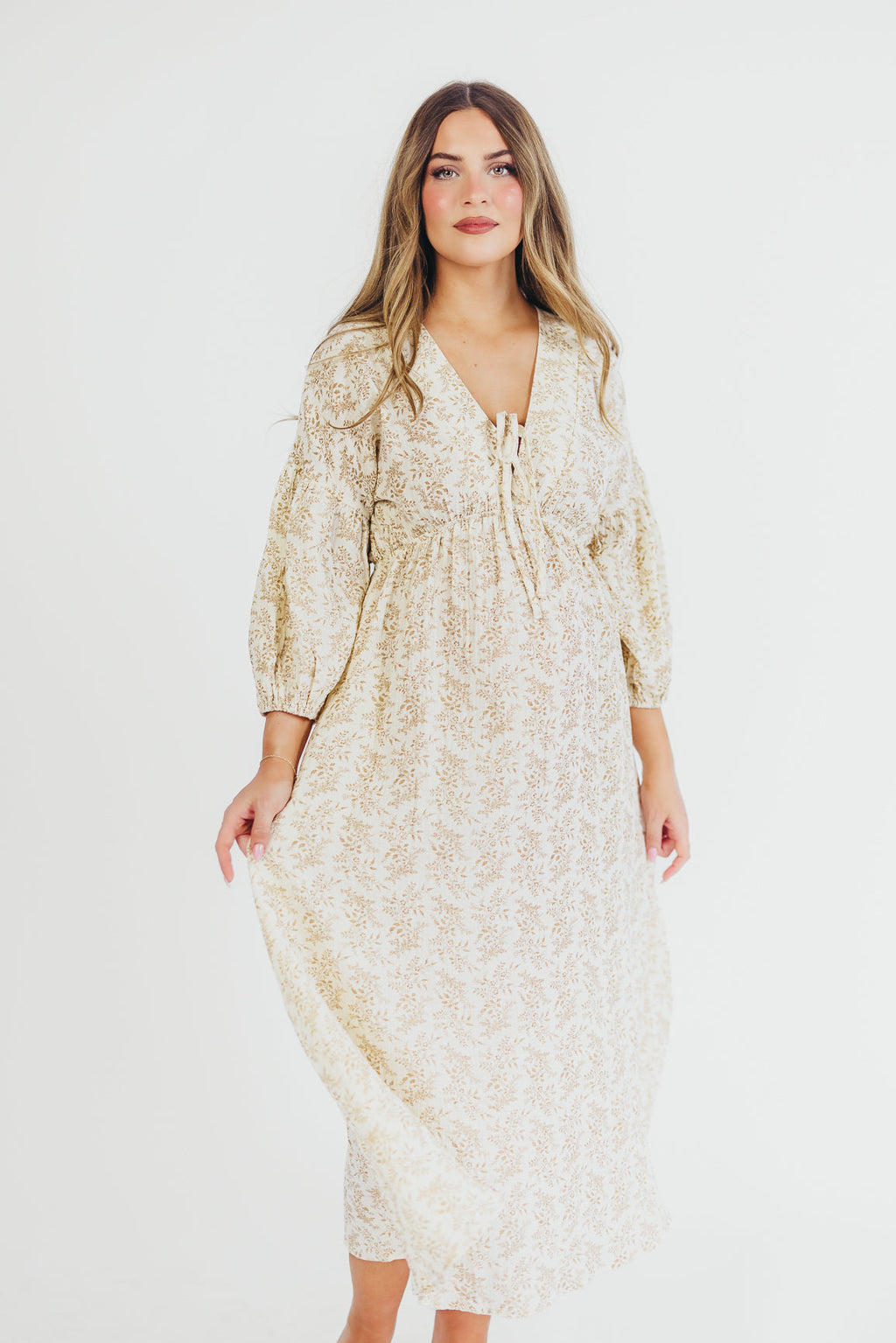 Hunter 100% Cotton Gauze Midi Dress in Natural/Tan Floral - Bump Friendly
