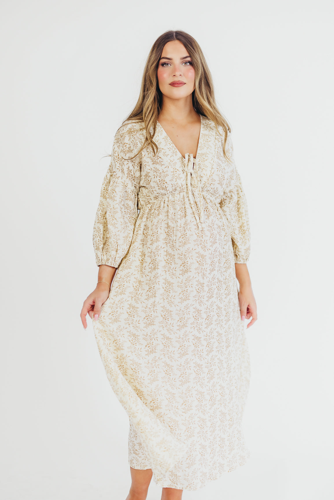 Hunter 100% Cotton Gauze Midi Dress in Natural/Tan Floral - Bump Friendly