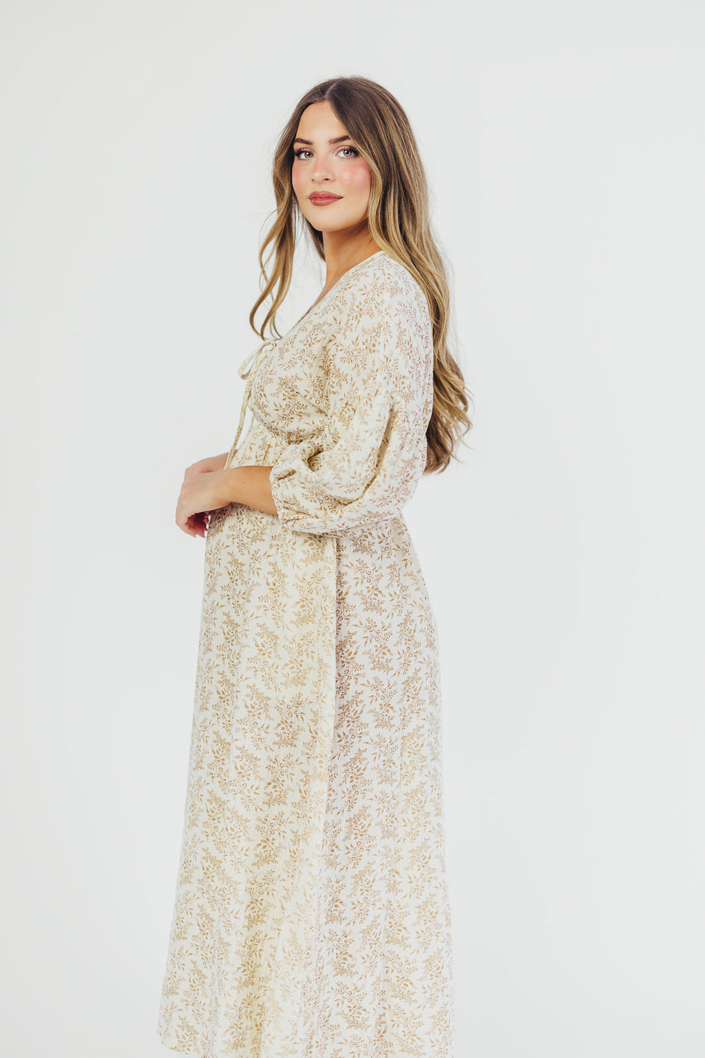 Hunter 100% Cotton Gauze Midi Dress in Natural/Tan Floral - Bump Friendly