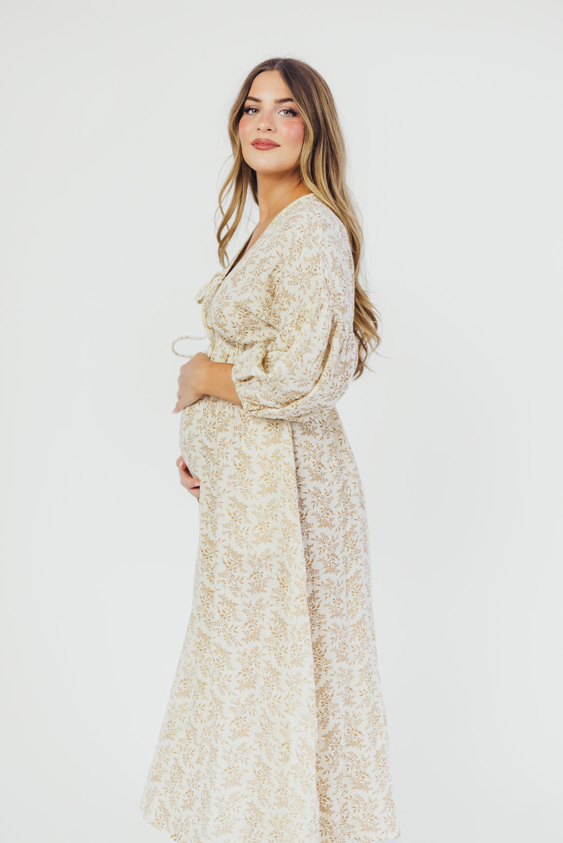 Hunter 100% Cotton Gauze Midi Dress in Natural/Tan Floral - Bump Friendly