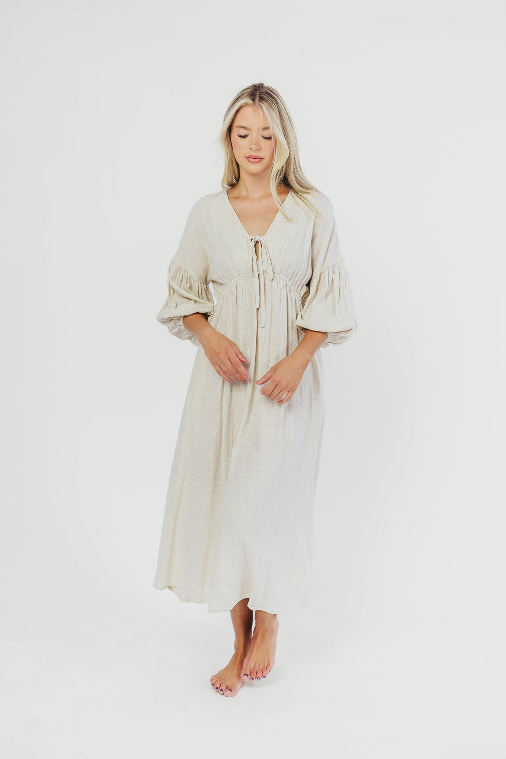 Hunter Linen-Blend Midi Dress in Greige - Bump Friendly