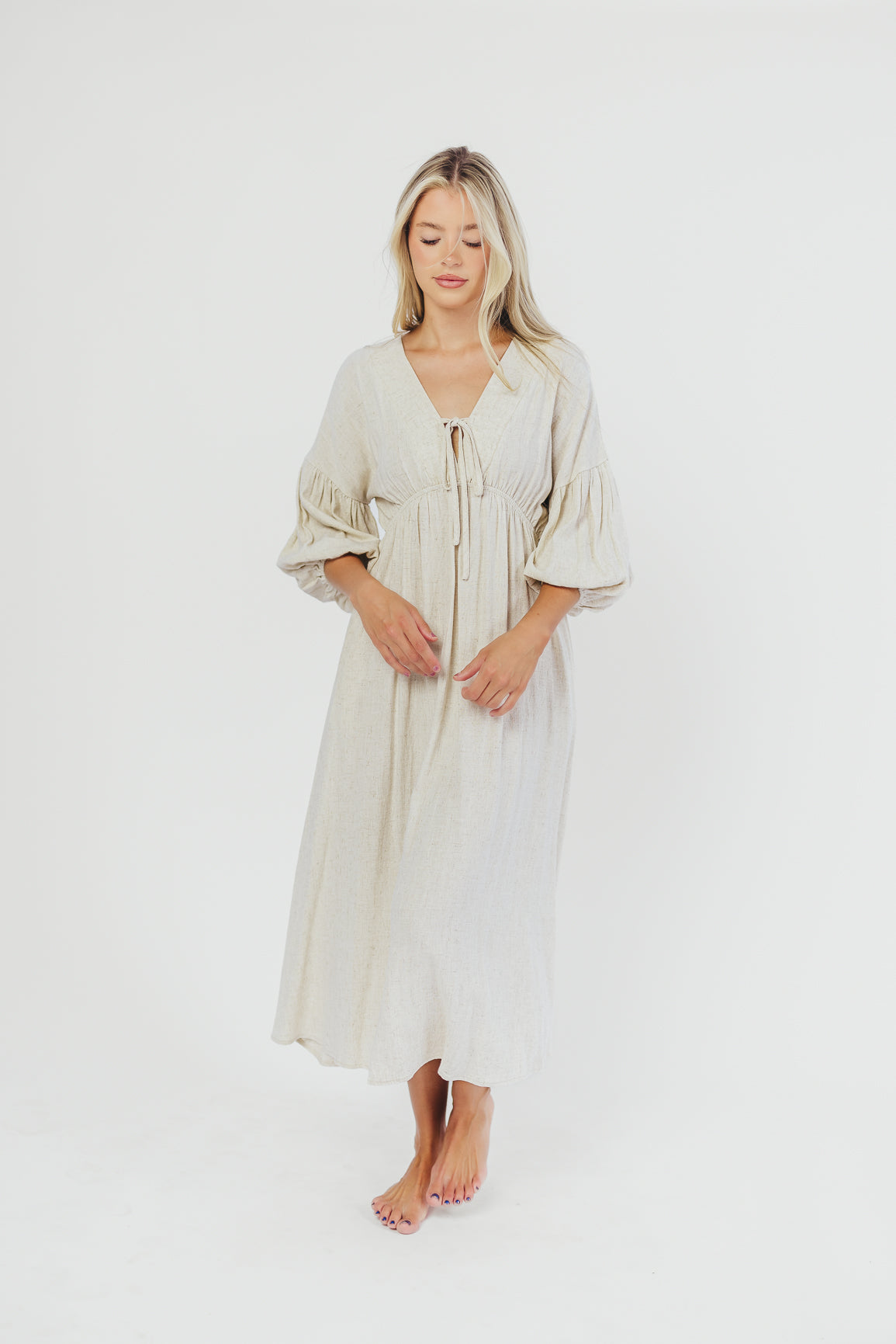 Hunter Linen-Blend Midi Dress in Greige - Bump Friendly
