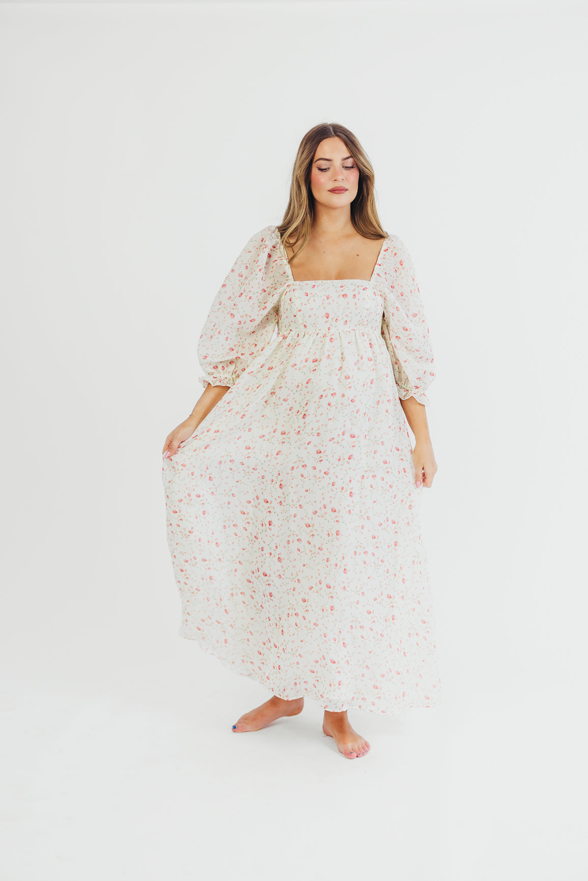 Mona Maxi Dress with Smocking in Ivory Floral - Bump Friendly & Inclusive Sizing (S-2XL)