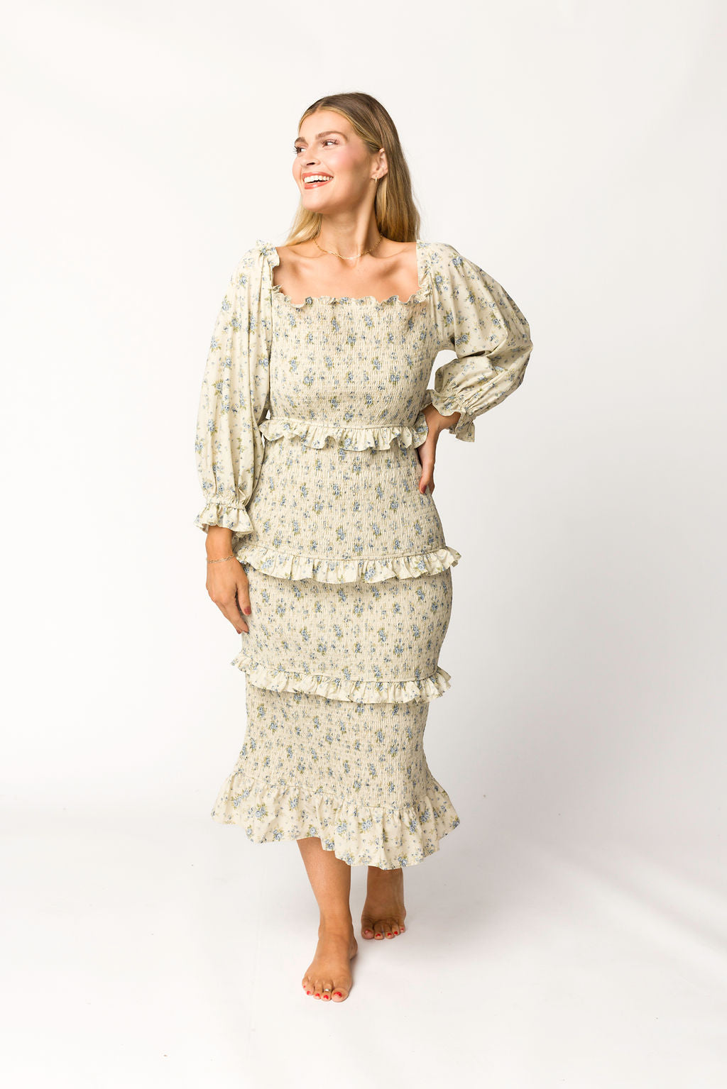 Lila Floral Printed Smocked Midi Dress in Blue - Bump Friendly *Final-Sale*