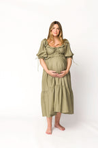 Crissy Ruched Midi Dress in Dusty Olive - Bump Friendly *Final Sale*