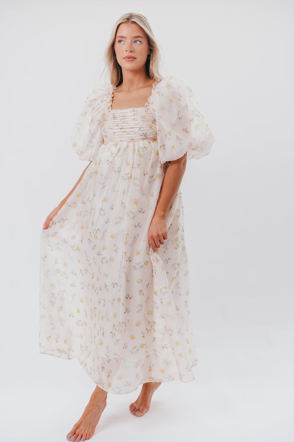 Melody Maxi Dress with Pleats and Bow Detail in Yellow Rose Floral - Bump Friendly & Inclusive Sizing (S-3XL) *Final-Sale*