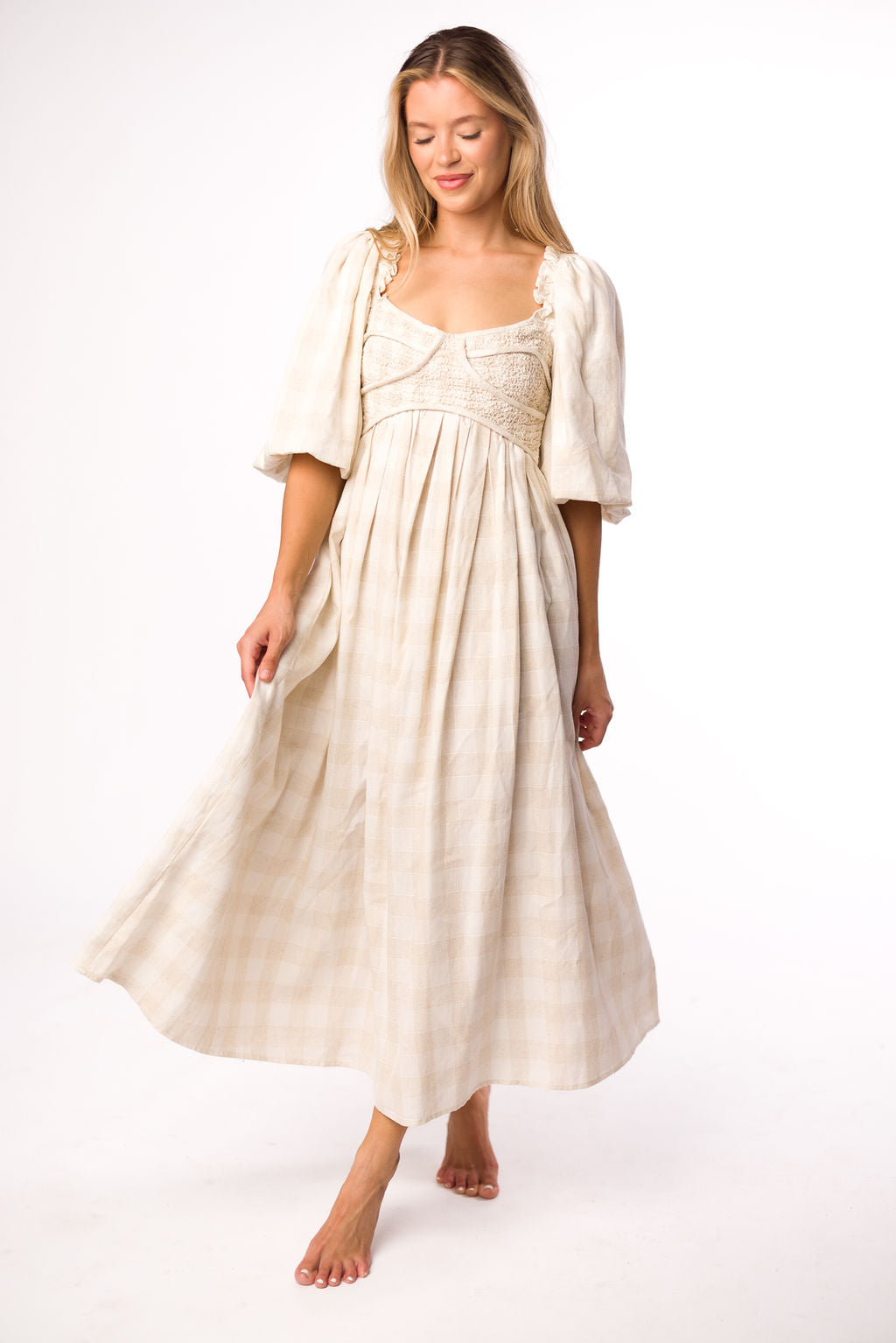 Harlow Maxi Dress in Natural Plaid - Bump Friendly