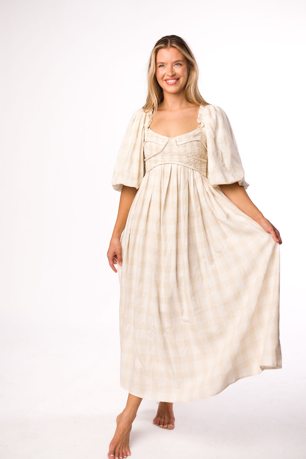 Harlow Maxi Dress in Natural Plaid - Bump Friendly