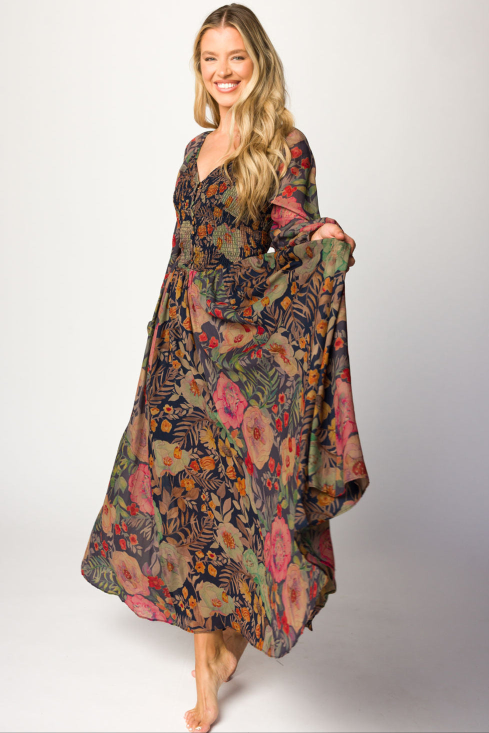 Steph Smocked Button-Front Maxi Dress in Midnight Floral *Final Sale*