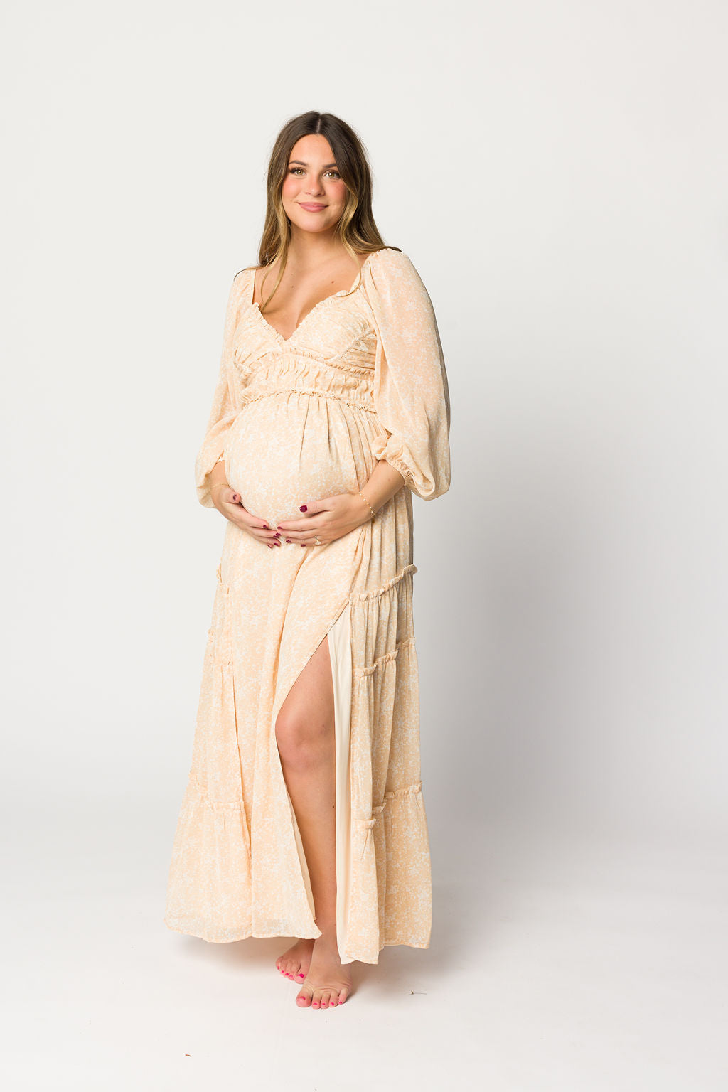 Daphne Long Sleeve Maxi Dress in Light Beige/White Floral - Bump Friendly & Inclusive Sizing (XS-3XL)