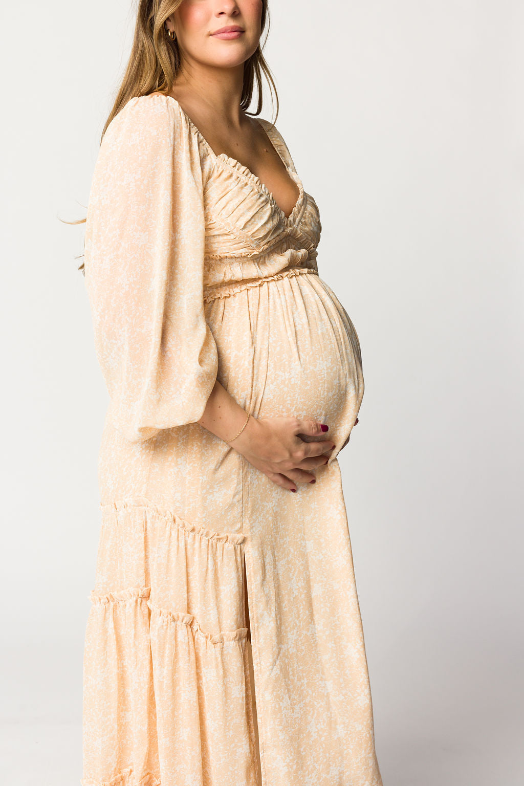 Daphne Long Sleeve Maxi Dress in Light Beige/White Floral - Bump Friendly & Inclusive Sizing (XS-3XL)