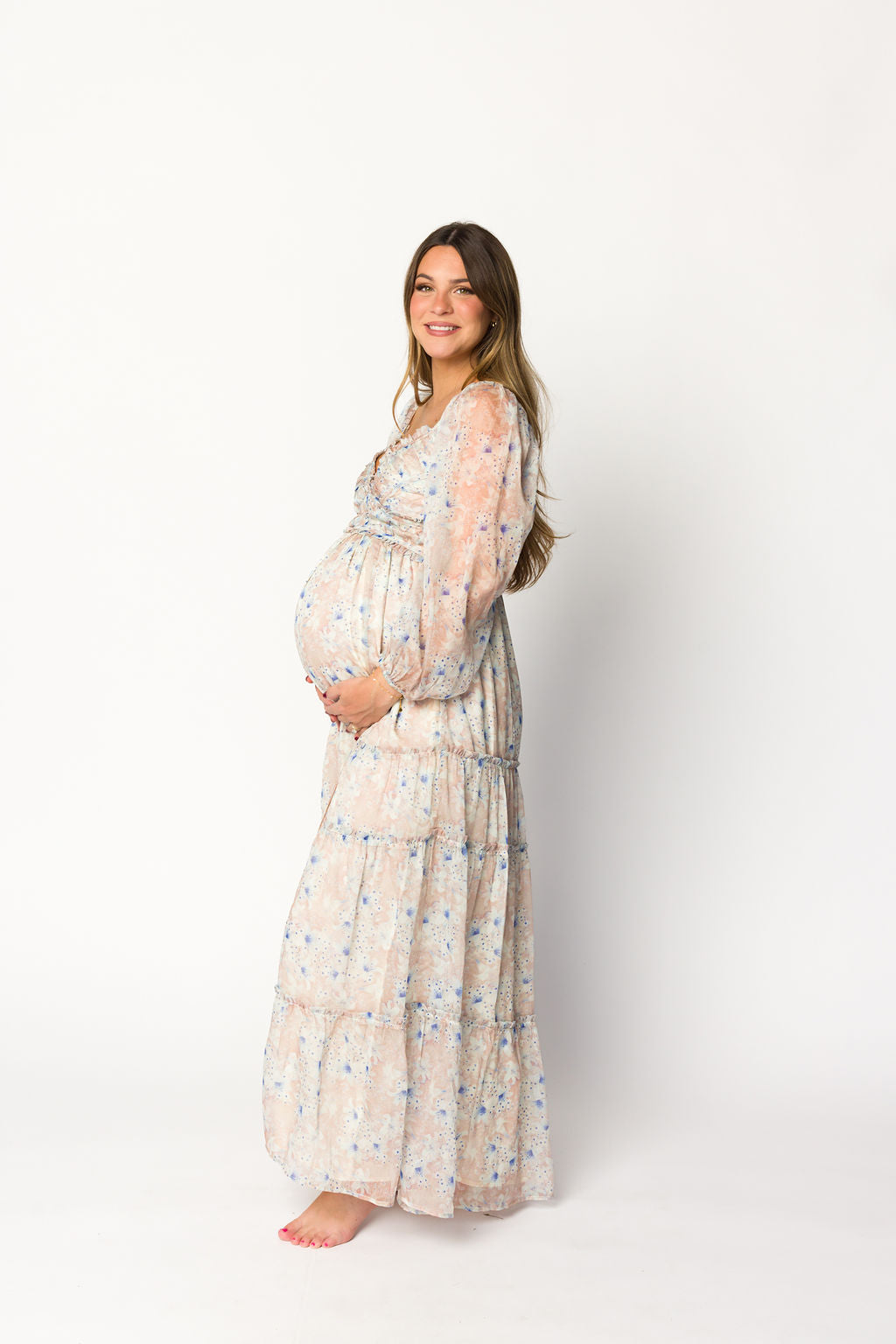 Daphne Long Sleeve Maxi Dress in Beige/Blue Floral - Bump Friendly & Inclusive Sizing (XS-3XL)