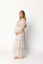 Daphne Long Sleeve Maxi Dress in Beige/Blue Floral - Bump Friendly & Inclusive Sizing (XS-3XL)