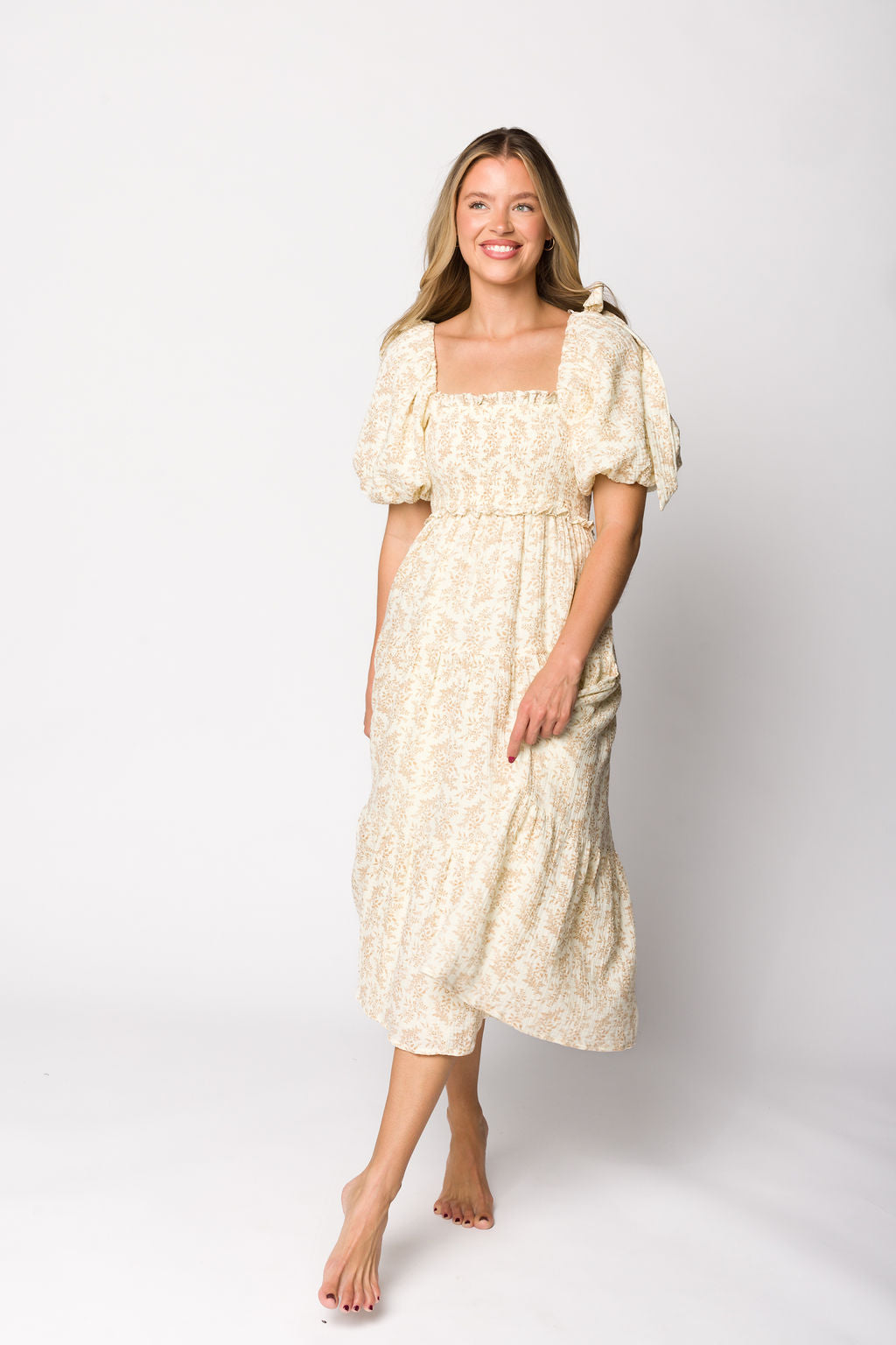 Elena 100% Cotton Toile Print Smocked Midi Dress in Light Brown- Bump Friendly