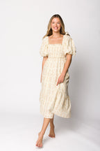 Elena 100% Cotton Toile Print Smocked Midi Dress in Light Brown- Bump Friendly