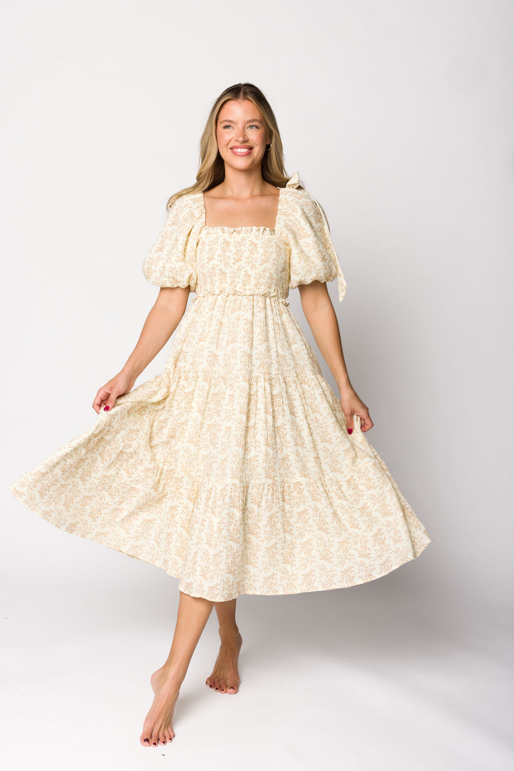 Elena 100% Cotton Toile Print Smocked Midi Dress in Light Brown- Bump Friendly