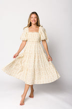 Elena 100% Cotton Toile Print Smocked Midi Dress in Light Brown- Bump Friendly