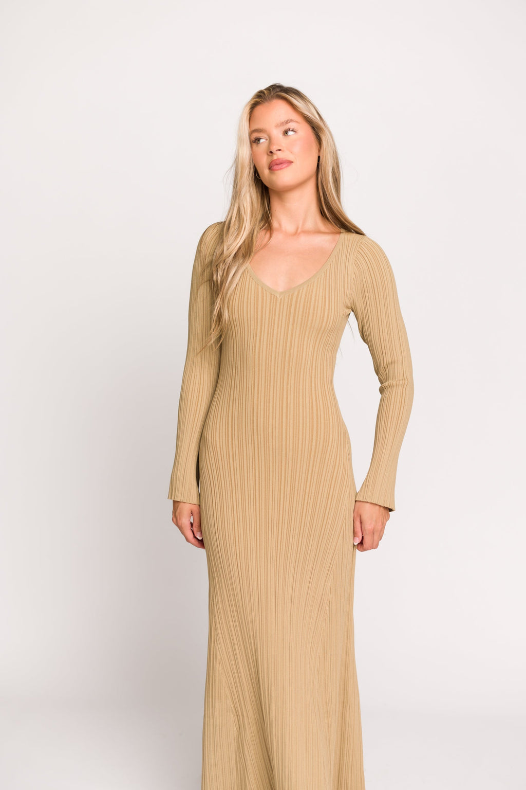 Keaton Knit Maxi Dress with V-Neckline in Beige *Final Sale*