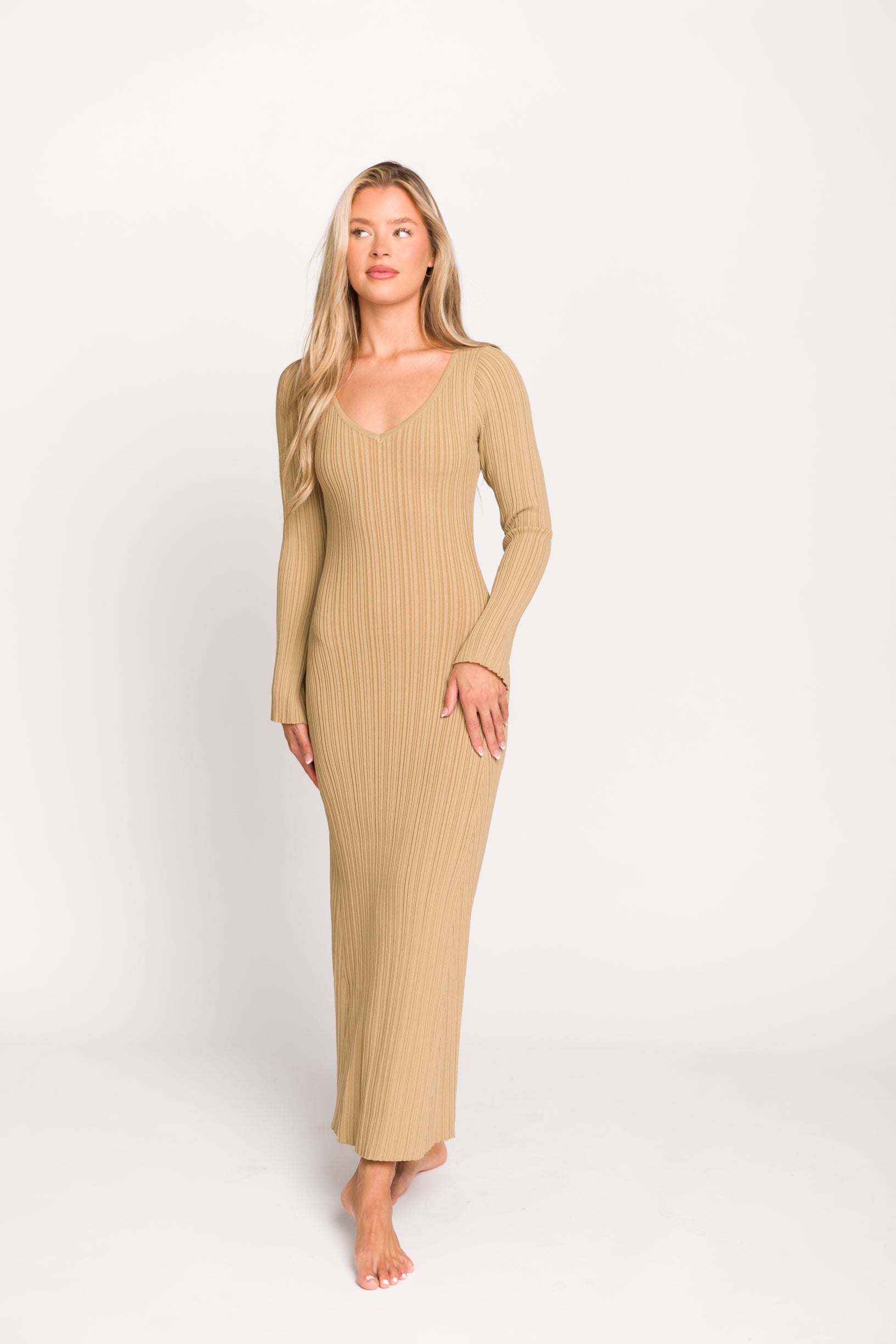 Keaton Knit Maxi Dress with V-Neckline in Beige *Final Sale*