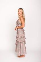 Amelia Ruffle Maxi Dress in Grey/Pink Floral *Final-Sale*