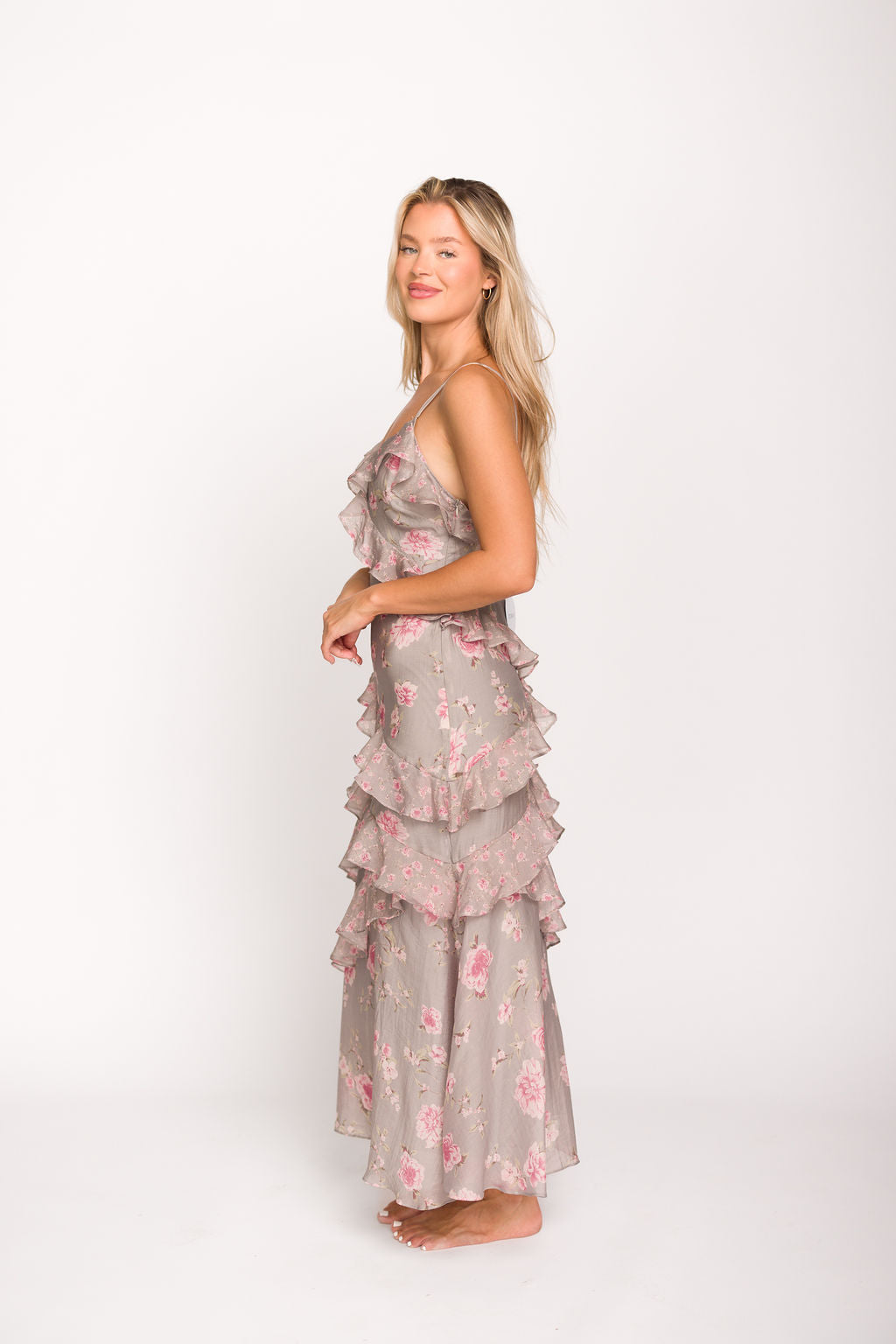 Amelia Ruffle Maxi Dress in Grey/Pink Floral *Final-Sale*