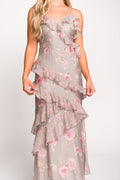 Amelia Ruffle Maxi Dress in Grey/Pink Floral *Final-Sale*