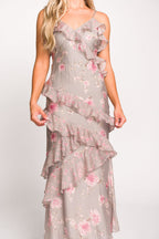 Amelia Ruffle Maxi Dress in Grey/Pink Floral *Final-Sale*