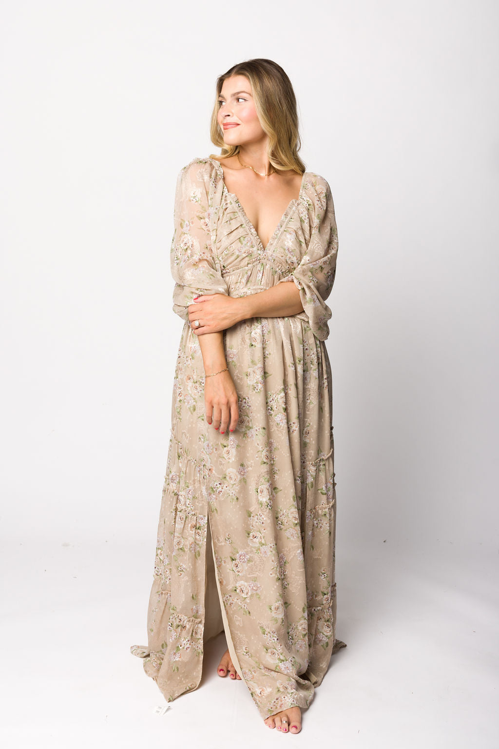 Daphne Long Sleeve Maxi Dress in Beige/Multi Floral - Bump Friendly & Inclusive Sizing (XS-3XL)