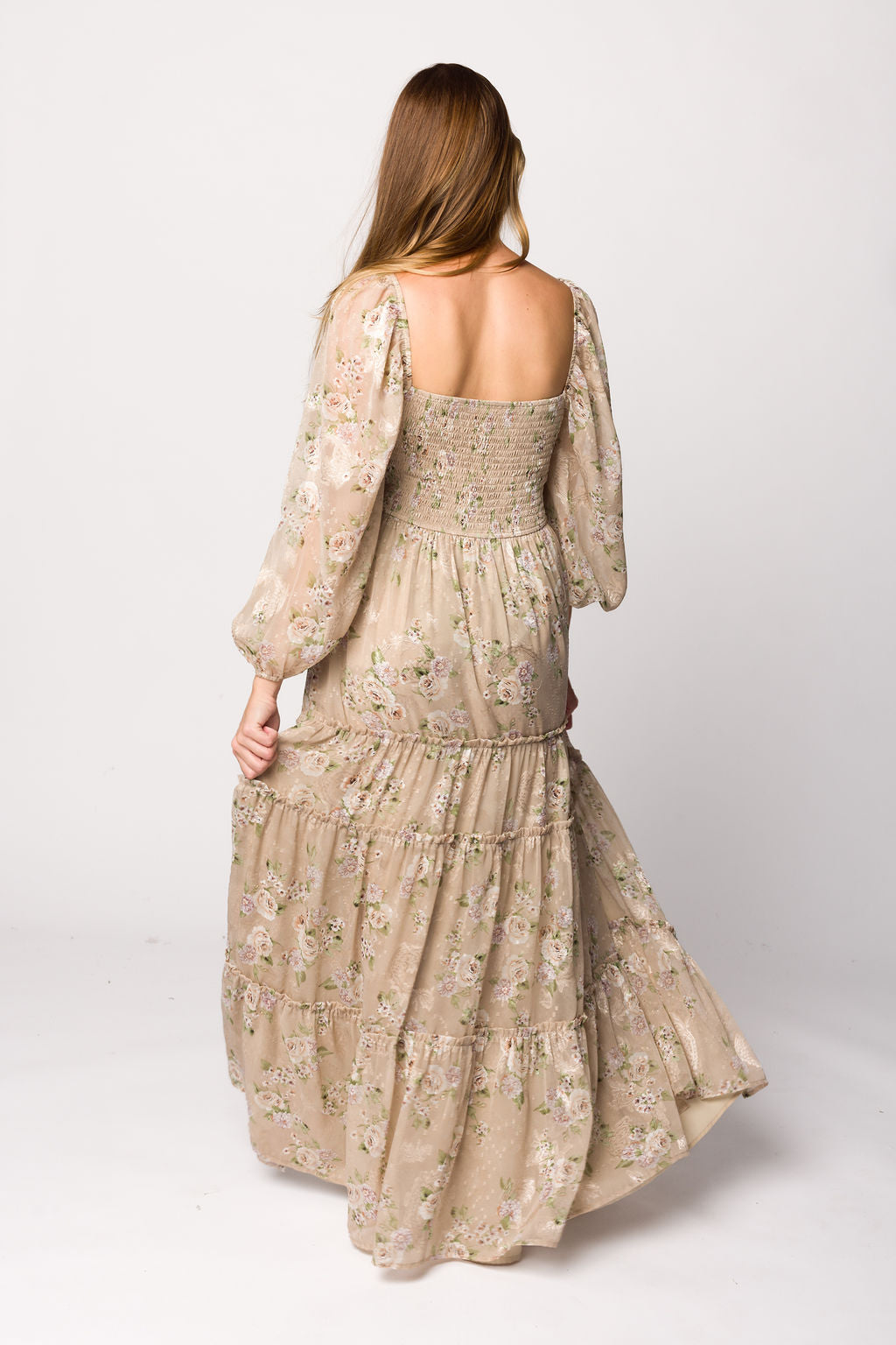 Daphne Long Sleeve Maxi Dress in Beige/Multi Floral - Bump Friendly & Inclusive Sizing (XS-3XL)