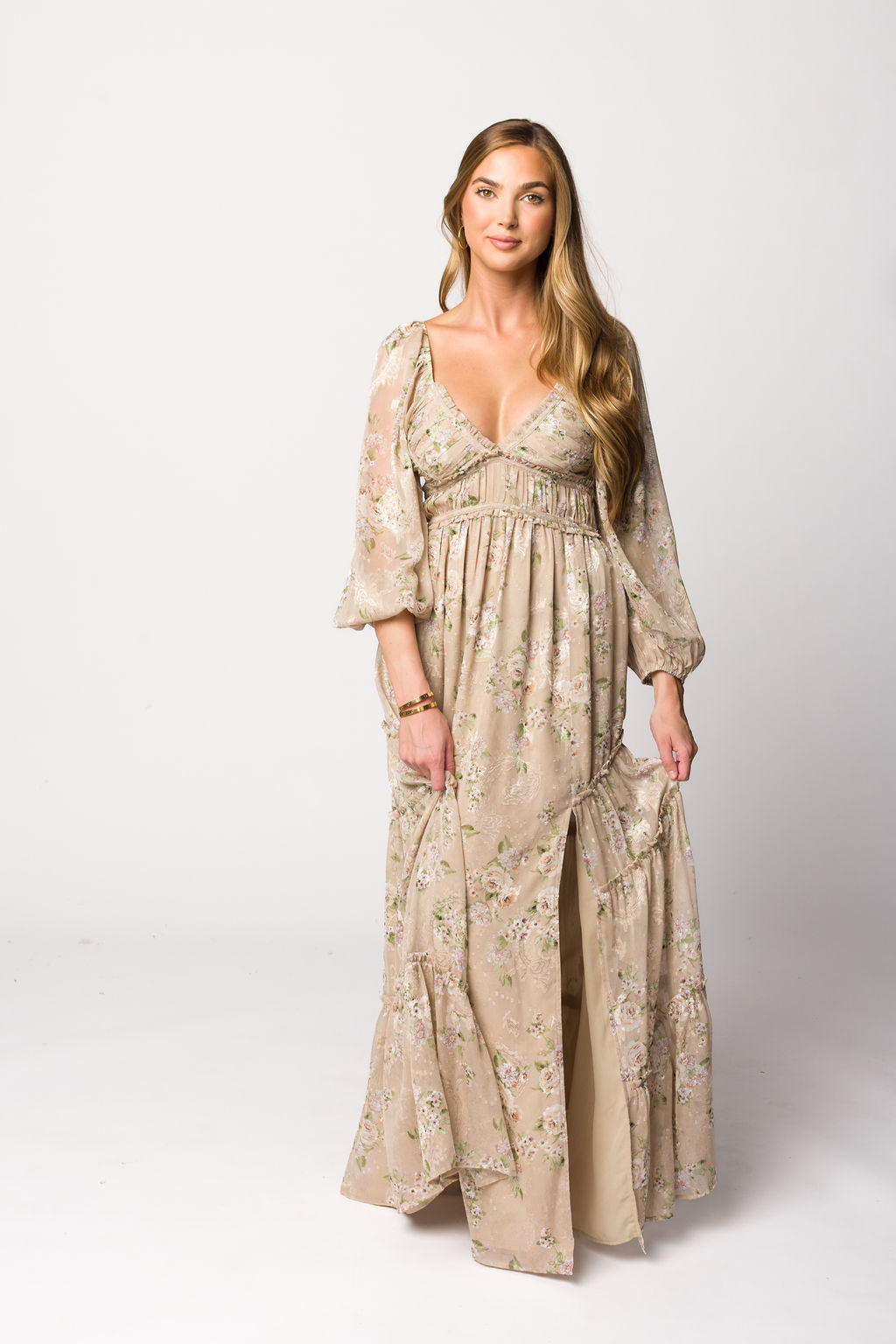 Daphne Long Sleeve Maxi Dress in Beige/Multi Floral - Bump Friendly & Inclusive Sizing (XS-3XL)