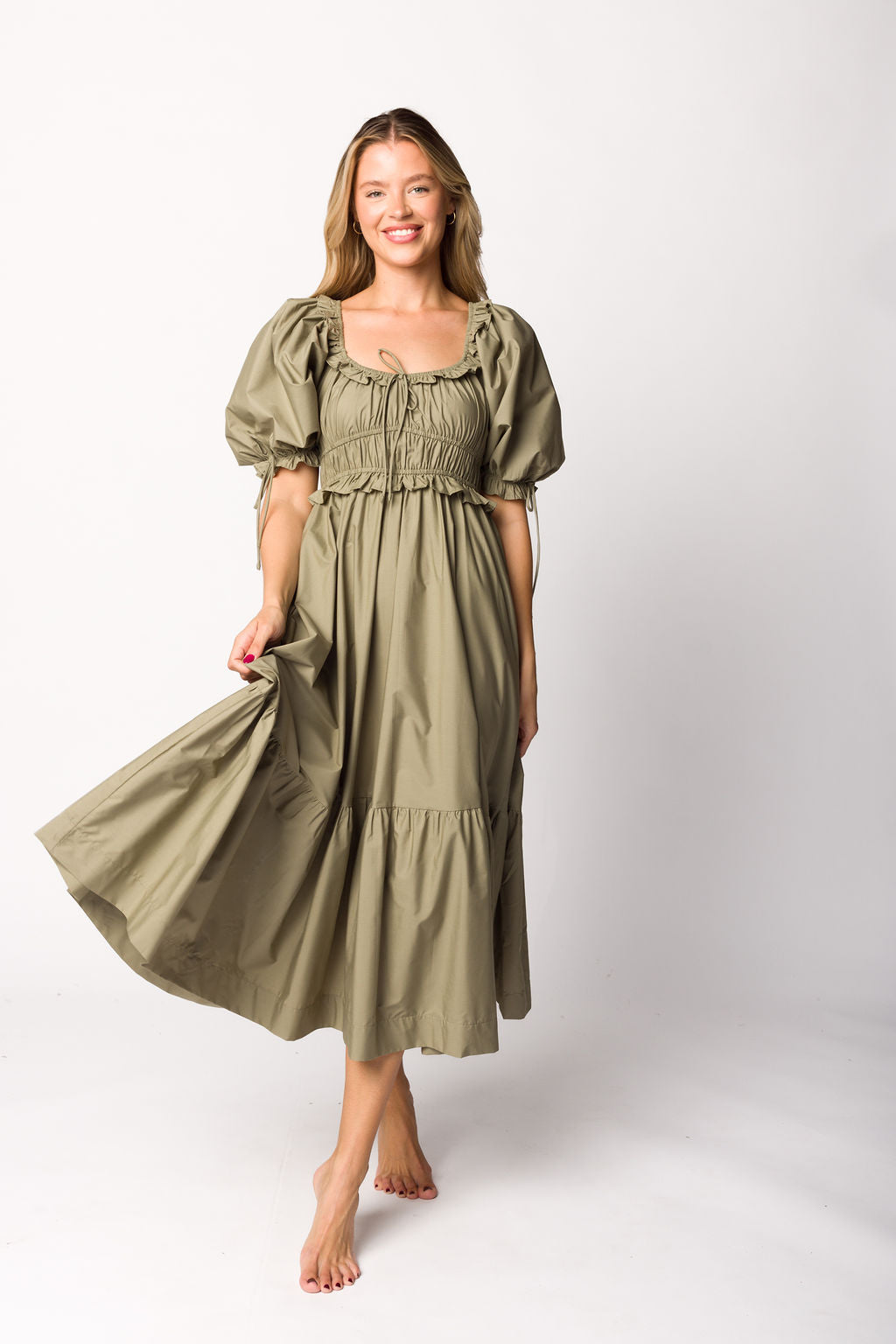 Crissy Ruched Midi Dress in Dusty Olive - Bump Friendly *Final Sale*