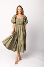 Crissy Ruched Midi Dress in Dusty Olive - Bump Friendly *Final Sale*