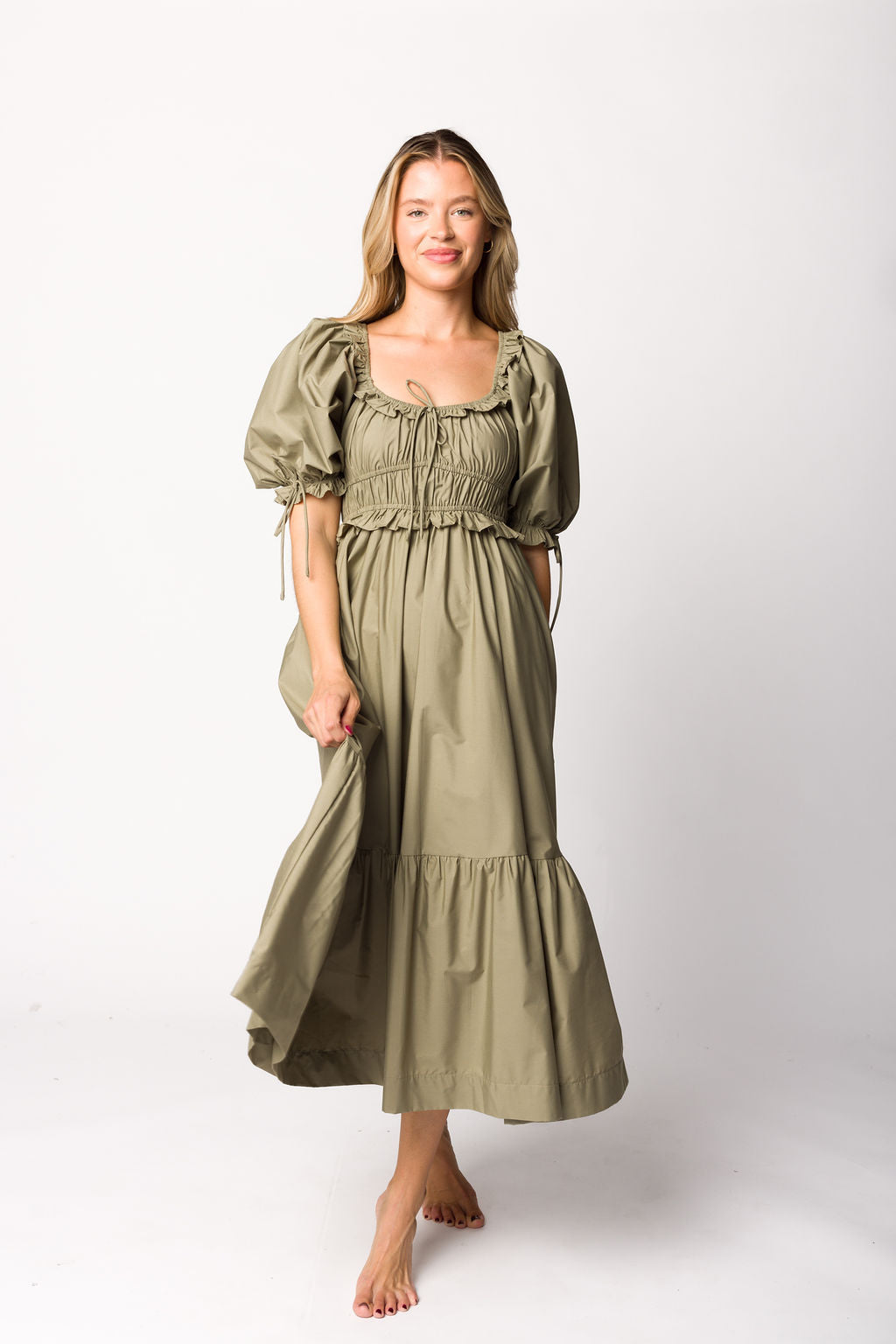Crissy Ruched Midi Dress in Dusty Olive - Bump Friendly *Final Sale*