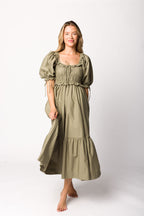Crissy Ruched Midi Dress in Dusty Olive - Bump Friendly *Final Sale*
