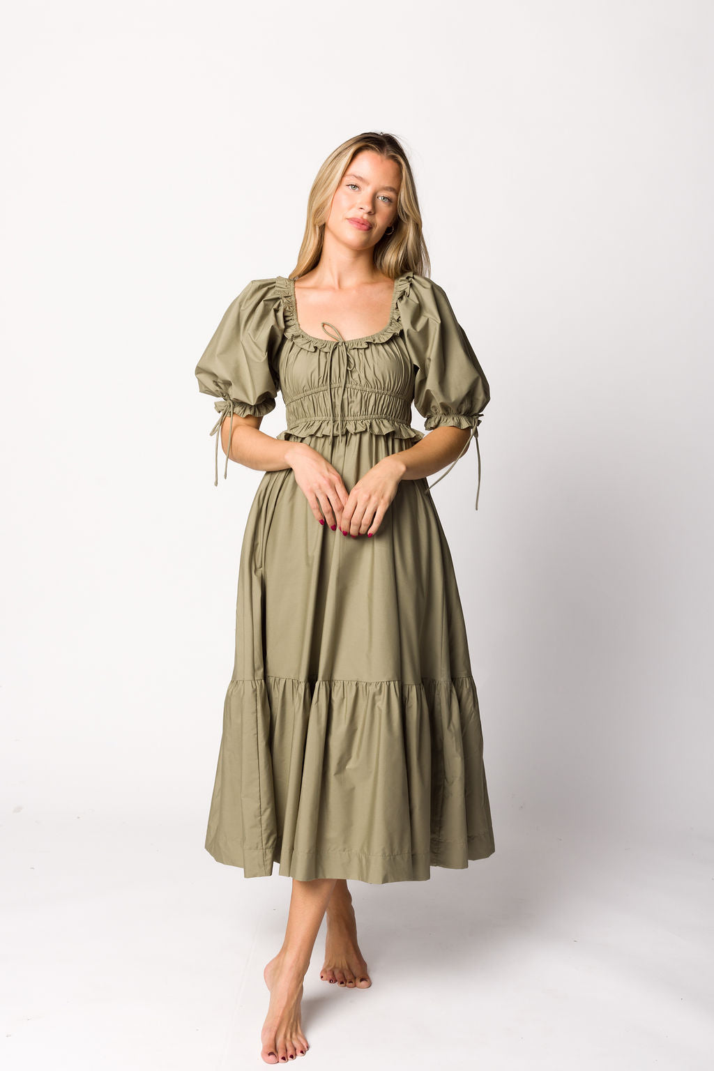 Crissy Ruched Midi Dress in Dusty Olive - Bump Friendly *Final Sale*