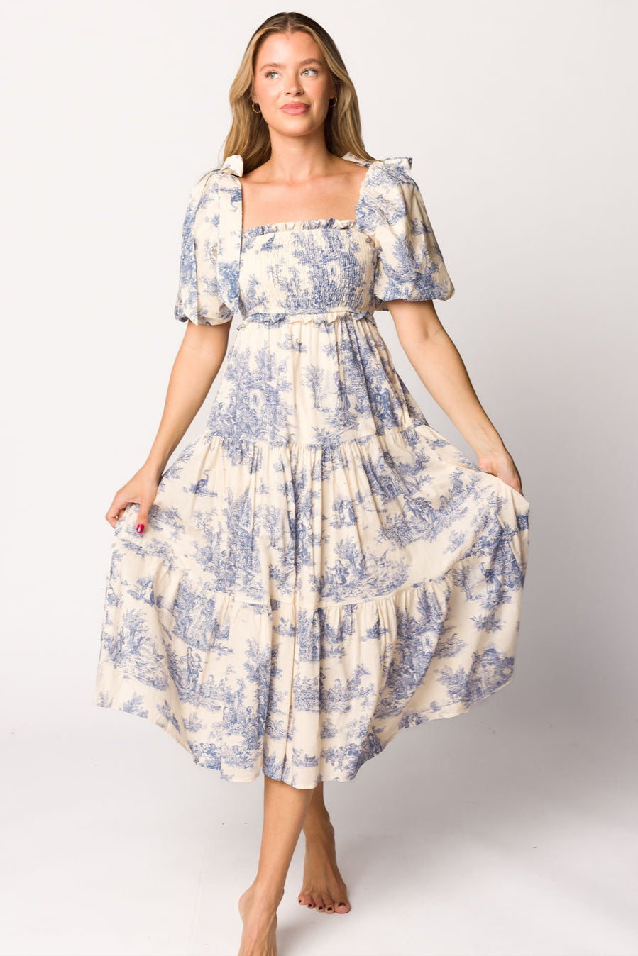 Elena 100% Cotton Toile Print Smocked Midi Dress in Blue - Bump Friendly
