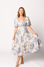 Elena 100% Cotton Toile Print Smocked Midi Dress in Blue - Bump Friendly