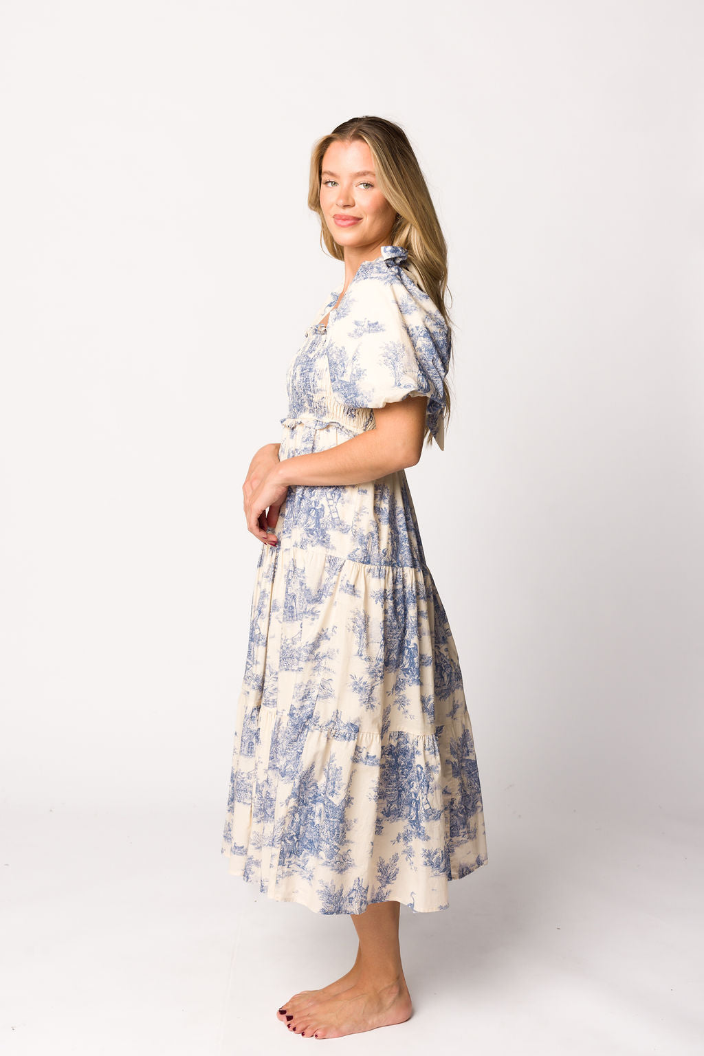 Elena 100% Cotton Toile Print Smocked Midi Dress in Blue - Bump Friendly