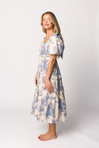 Elena 100% Cotton Toile Print Smocked Midi Dress in Blue - Bump Friendly