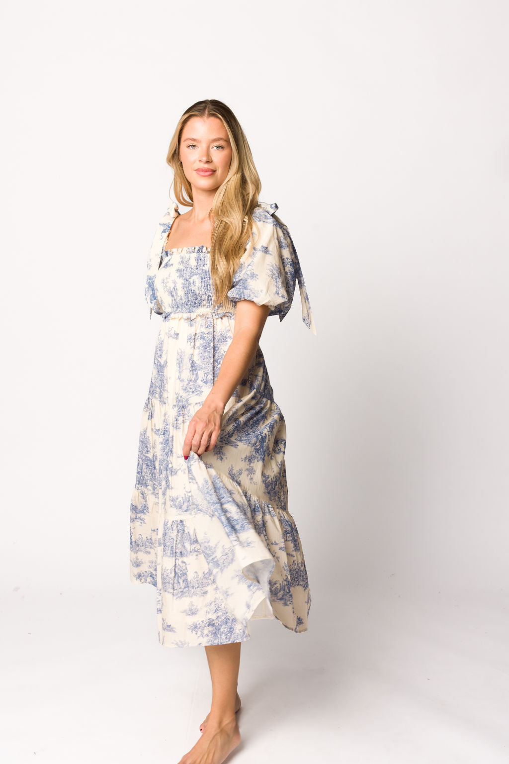 Elena 100% Cotton Toile Print Smocked Midi Dress in Blue - Bump Friendly
