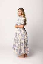 Elena 100% Cotton Toile Print Smocked Midi Dress in Blue - Bump Friendly