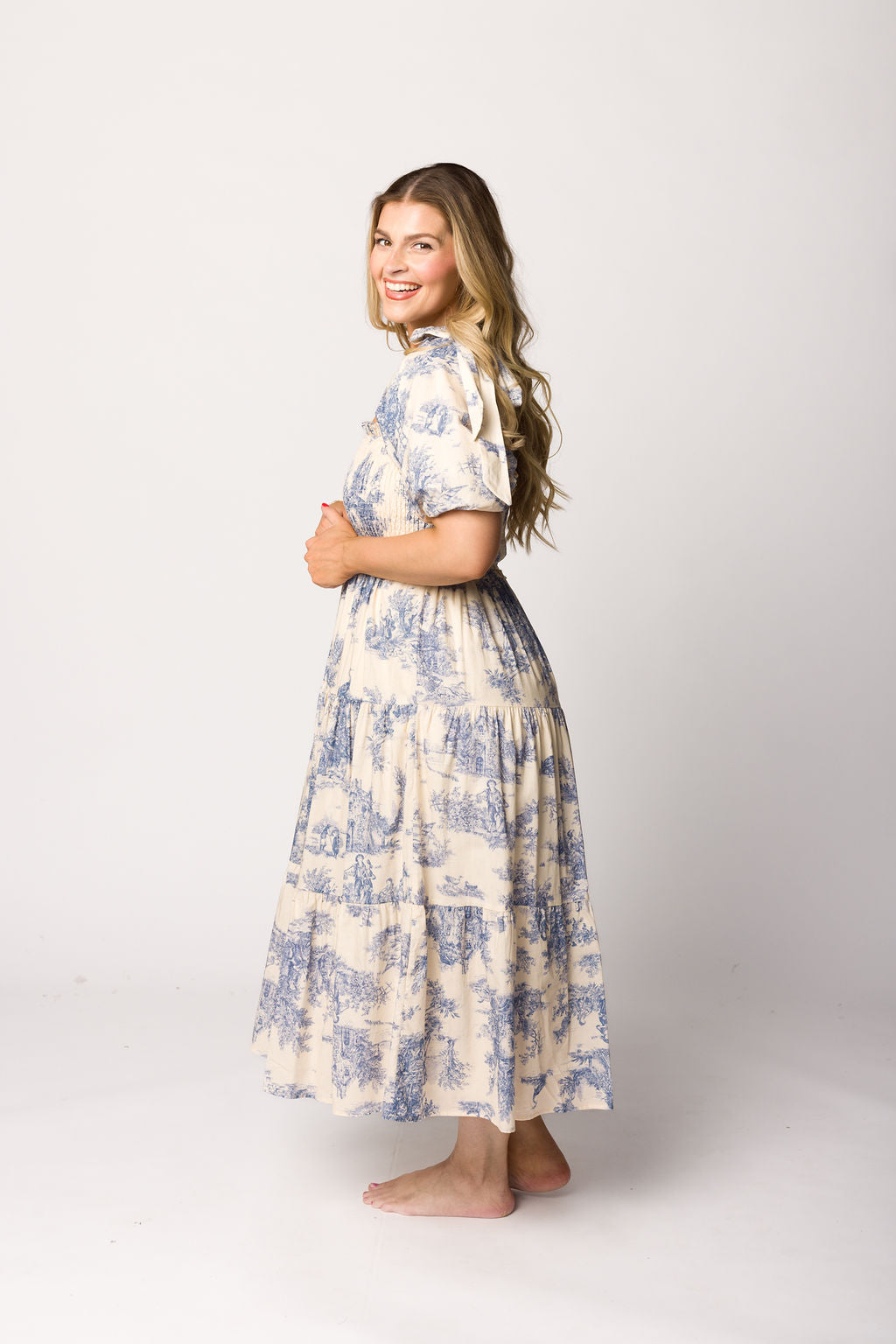 Elena 100% Cotton Toile Print Smocked Midi Dress in Blue - Bump Friendly