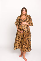 Harlow Camel & Black Floral Maxi Dress with Stretchy Neckline - Bump Friendly (Final Few) *Final Sale*
