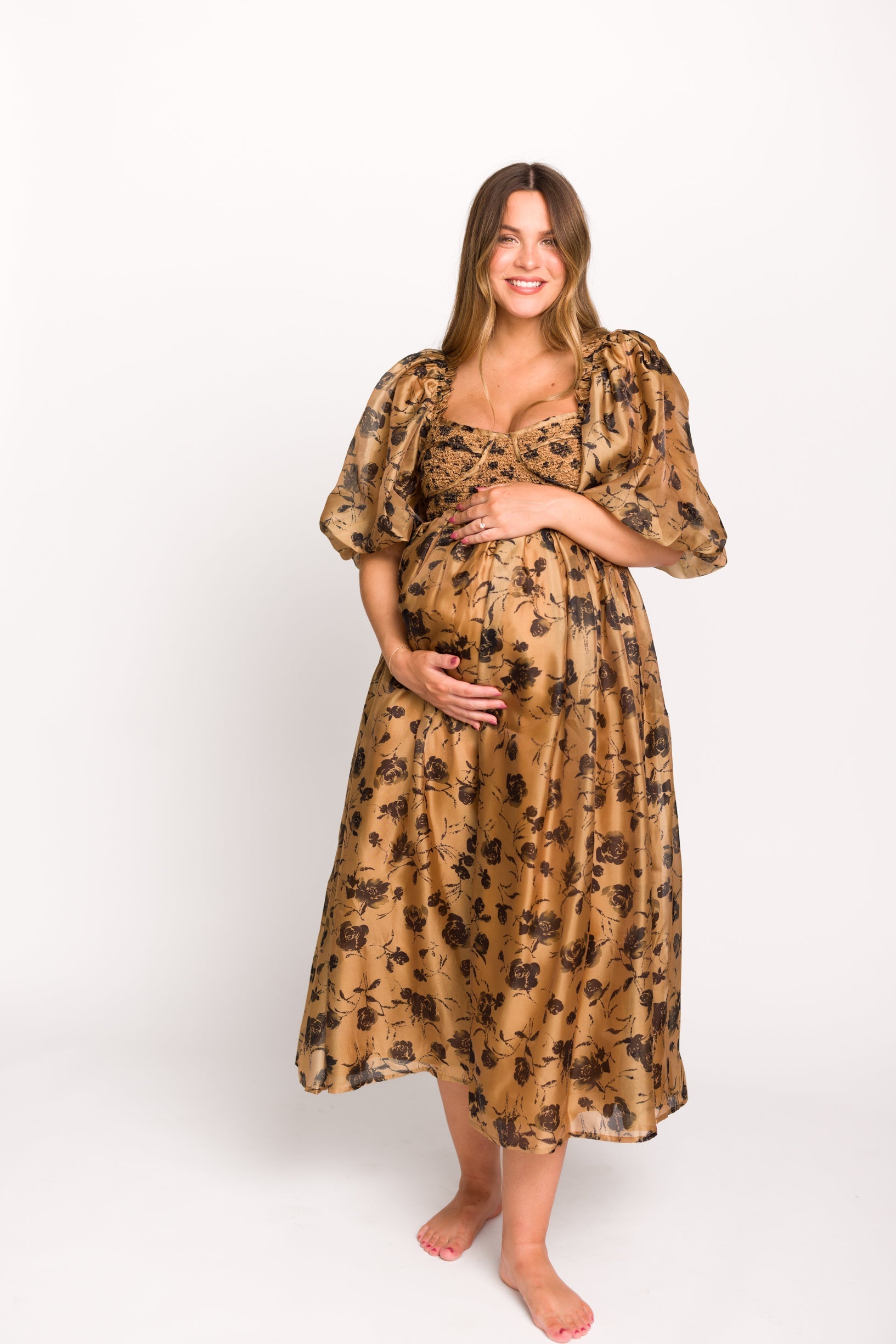 Harlow Camel & Black Floral Maxi Dress with Stretchy Neckline - Bump Friendly (Final Few) *Final Sale*