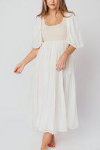 Raina Combination Midi Dress with Puff Sleeves in Natural - Bump Friendly