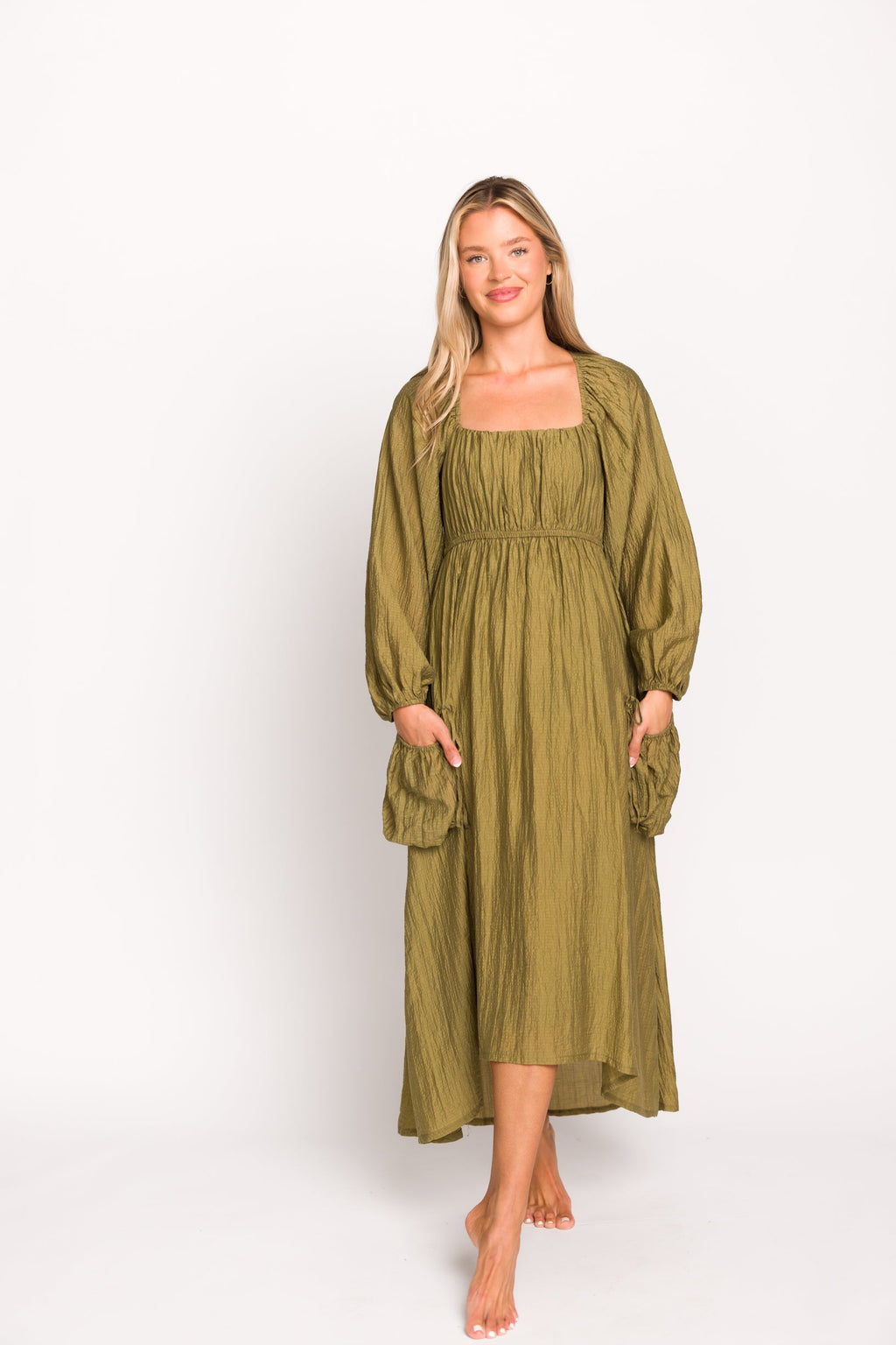 Ariana Long Sleeved Maxi Dress with Slouchy Pocket in Olive *Final-Sale*
