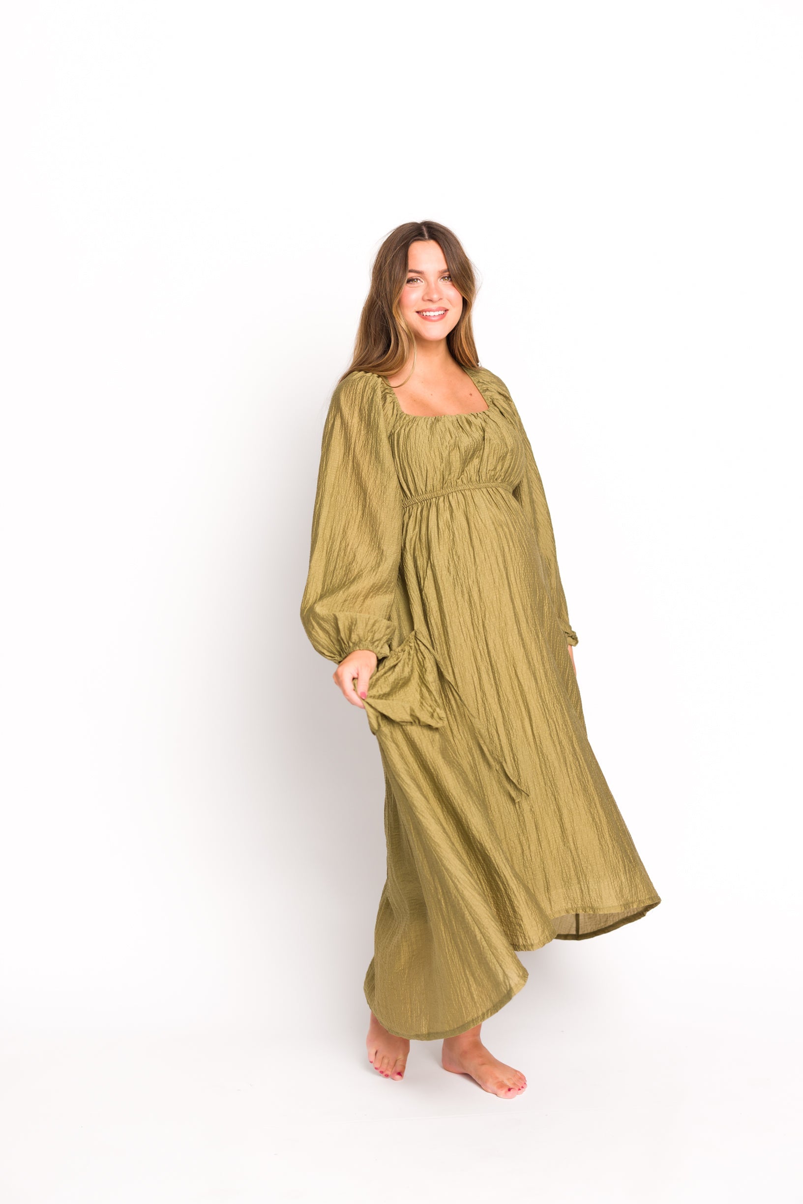 Ariana Long Sleeved Maxi Dress with Slouchy Pocket in Olive *Final-Sale*