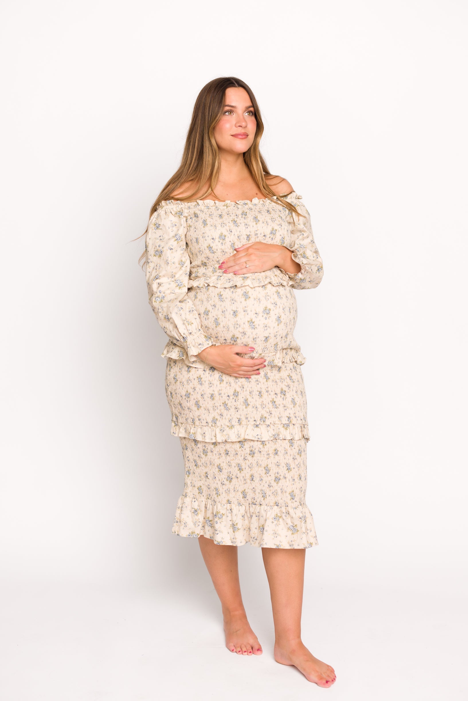 Lila Floral Printed Smocked Midi Dress in Blue - Bump Friendly *Final-Sale*