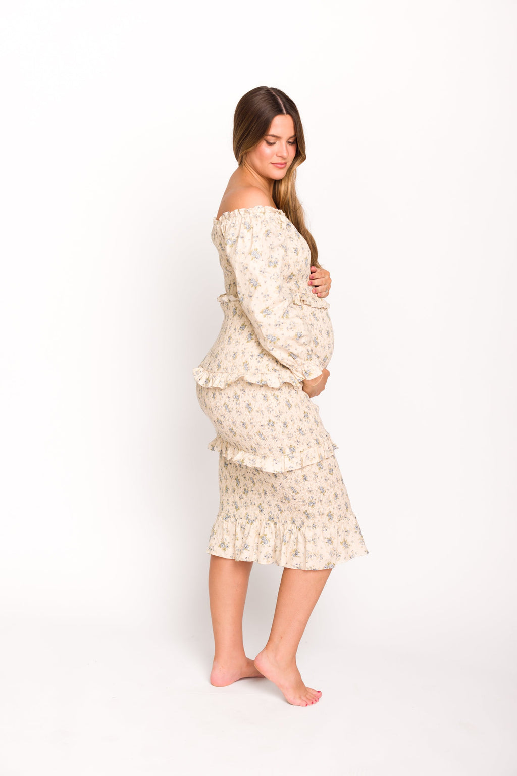 Lila Floral Printed Smocked Midi Dress in Blue - Bump Friendly *Final-Sale*